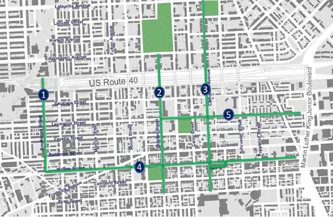 Map of Baltimore streets with highlight lines